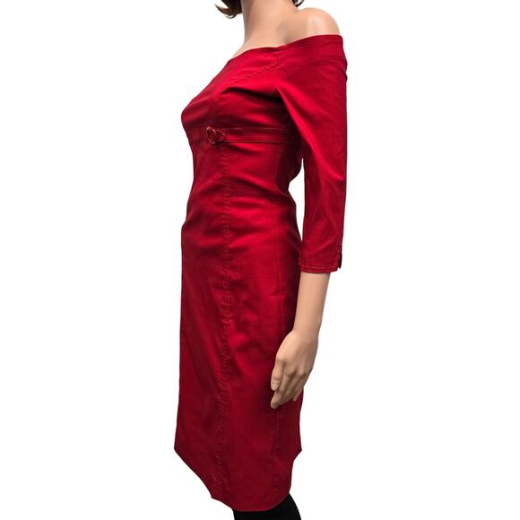 ZARA Red Dress Women M Empire Waist w Belt Buckle On Off Shoulder 3/4 Sleeve - Picture 6 of 13